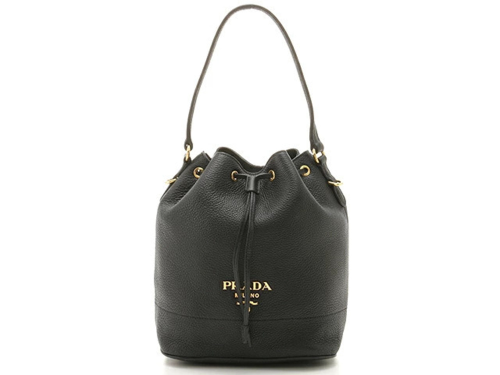 Prada Shoulder Bag Drawstring Black Calfskin